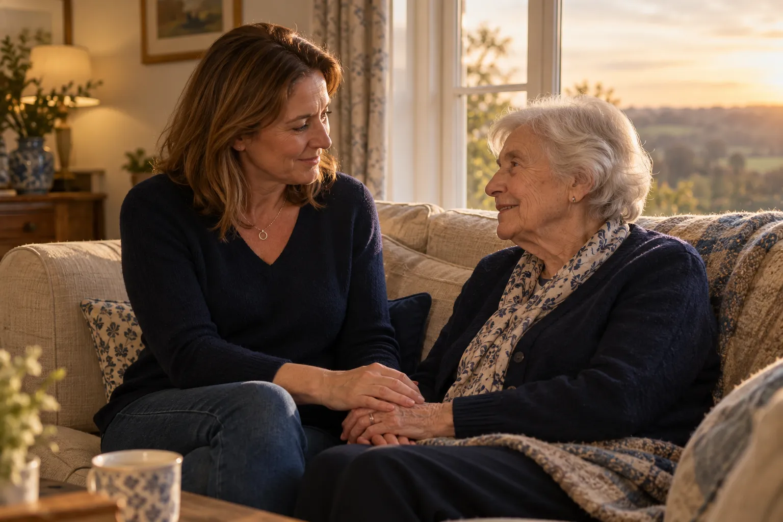 A daughter holding hands with her elderly mother on the sofa at home