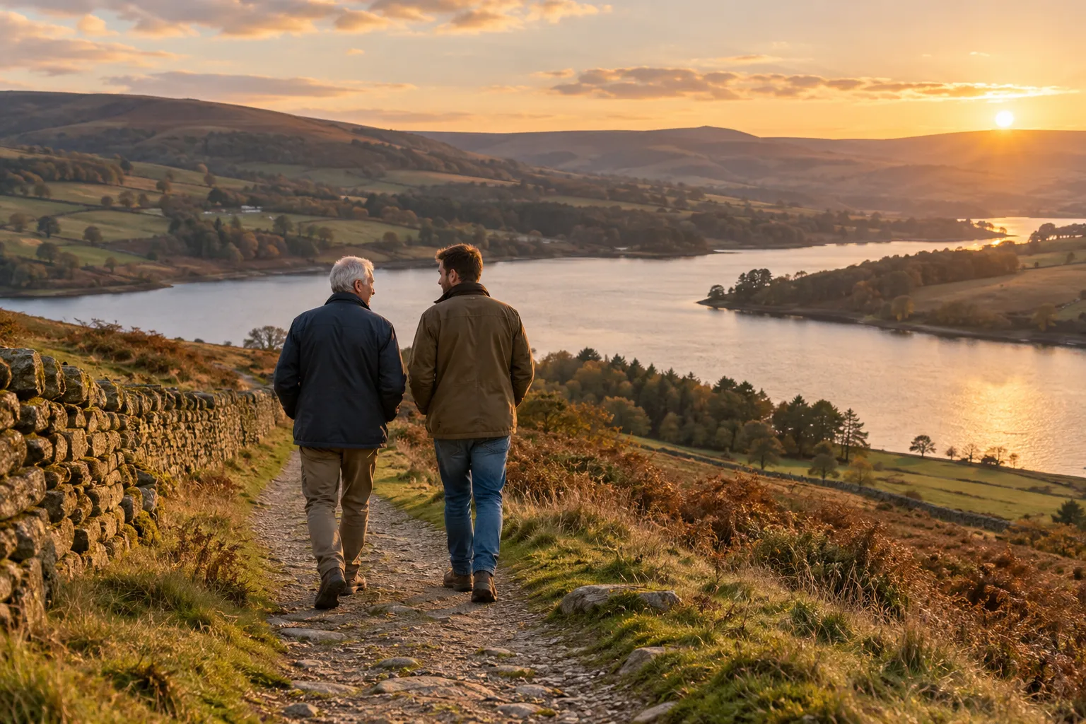 A father and his adult son walking along a dry-stone wall above a lake at sunset