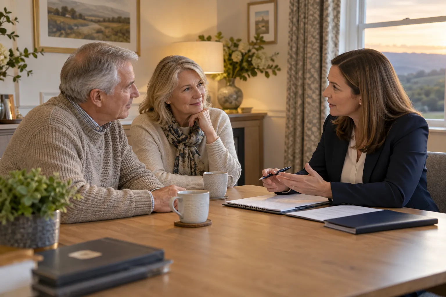 An adviser talking through estate planning with a couple at their dining table